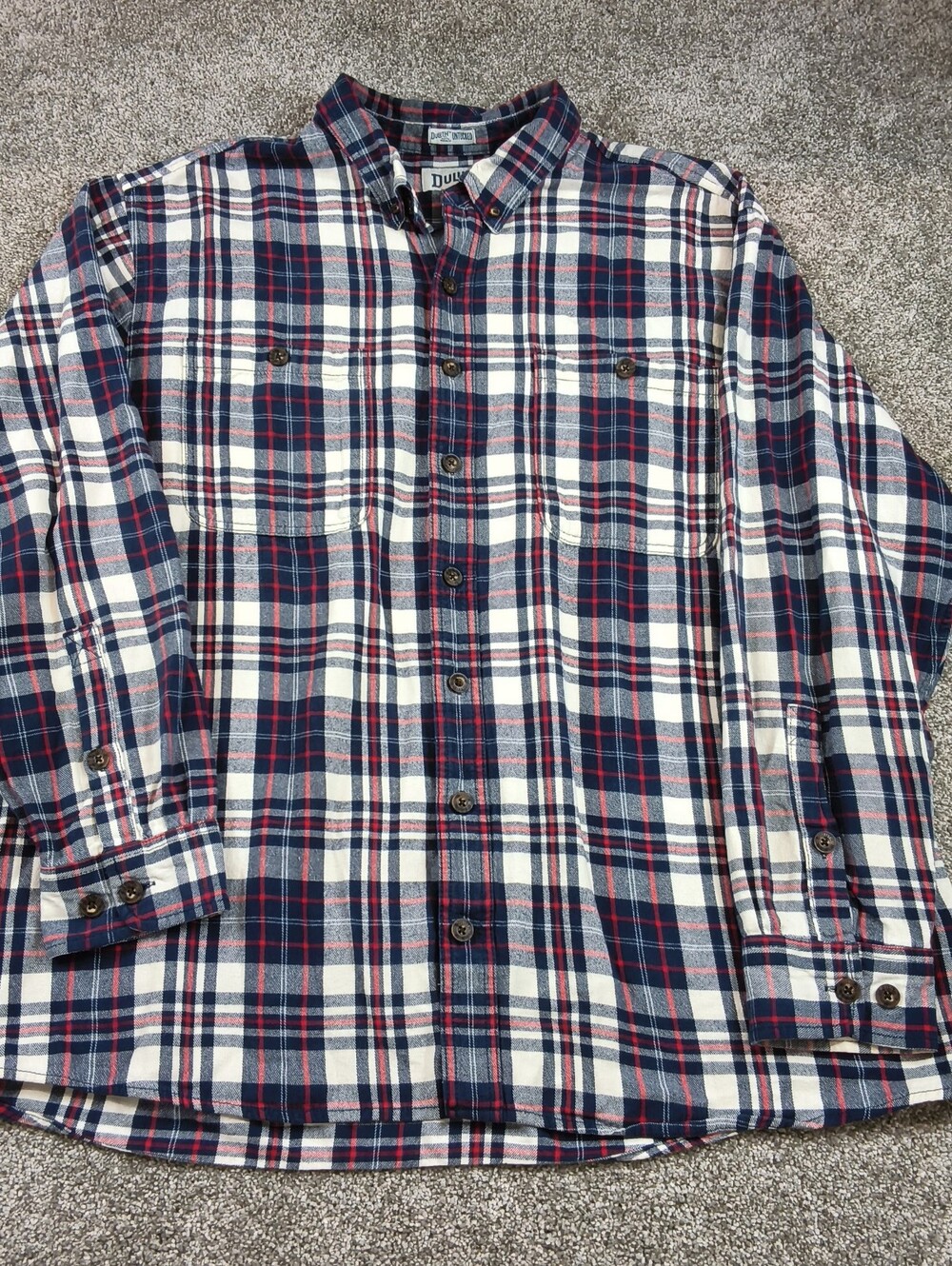 Duluth Trading Co. Untucked 2XL Tall Plaid Cotton Flannel Shirt white/blue/red